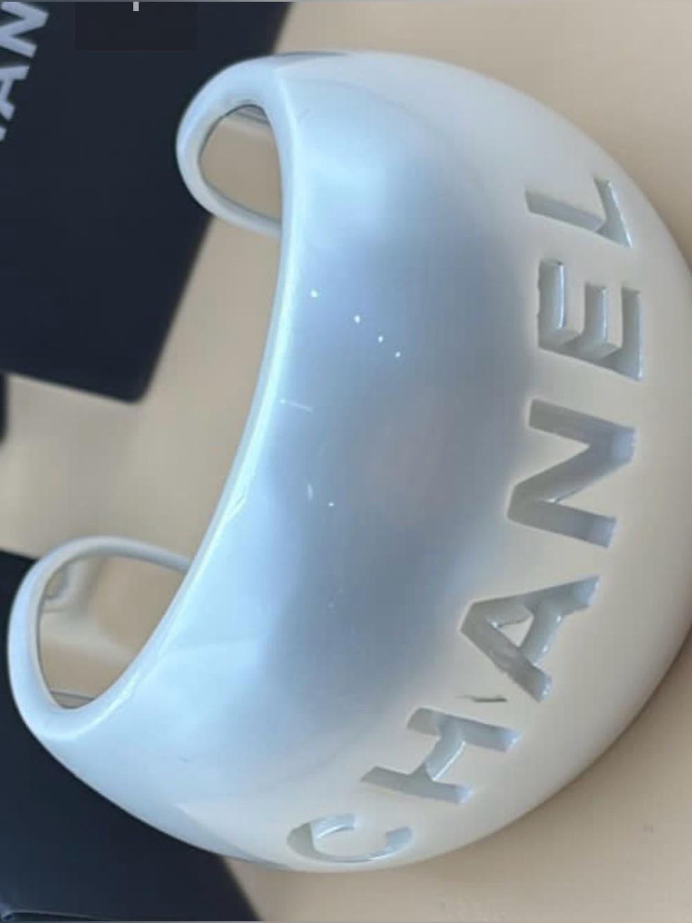 CHANEL White Pearl Acrylic Open Cuff Bracelet